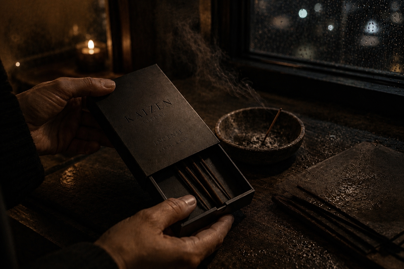 Hands opening a KAIZEN incense box, smoke drifting near a rain-flecked window