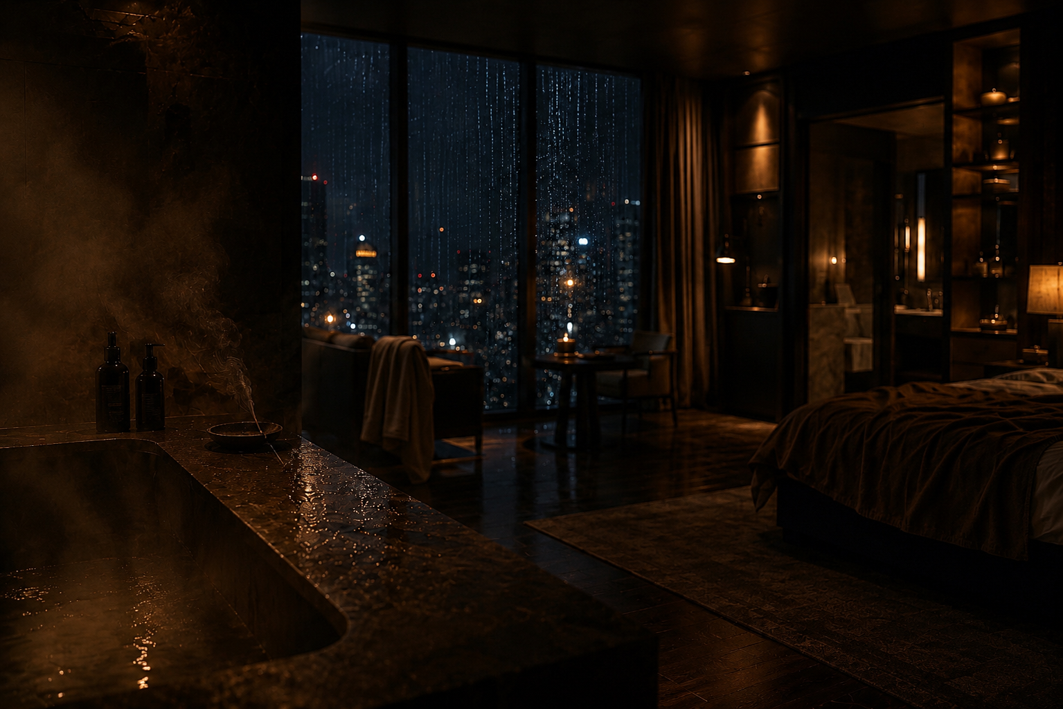 A dark hotel suite at night — bath drawn, bed turned down, rain on the city window