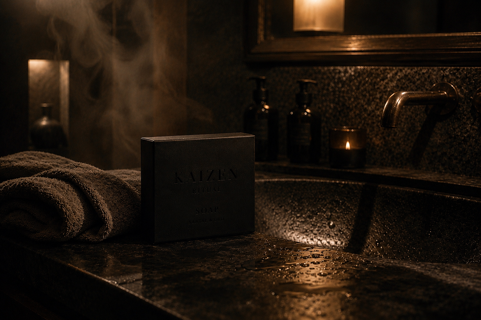 A KAIZEN soap box resting beside a wet stone sink, candle and steam