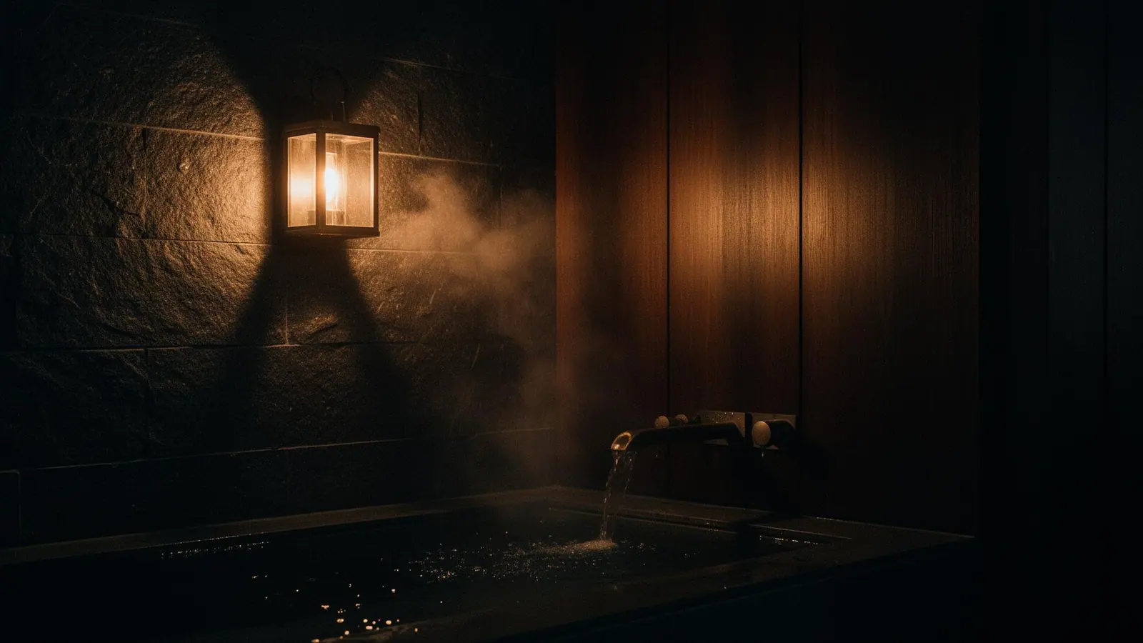 A dark hotel bathroom corner lit by a single warm lantern, soft steam rising from the tub